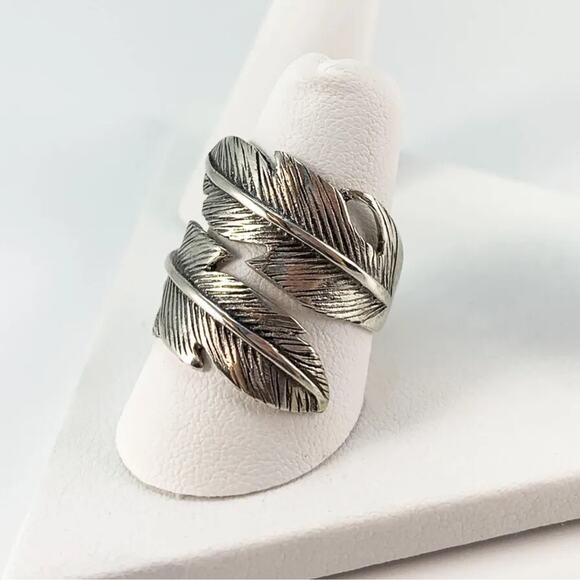 925 Sterling Silver wide Tribal Feather wrap design ring size 5 - Picture 1 of 4